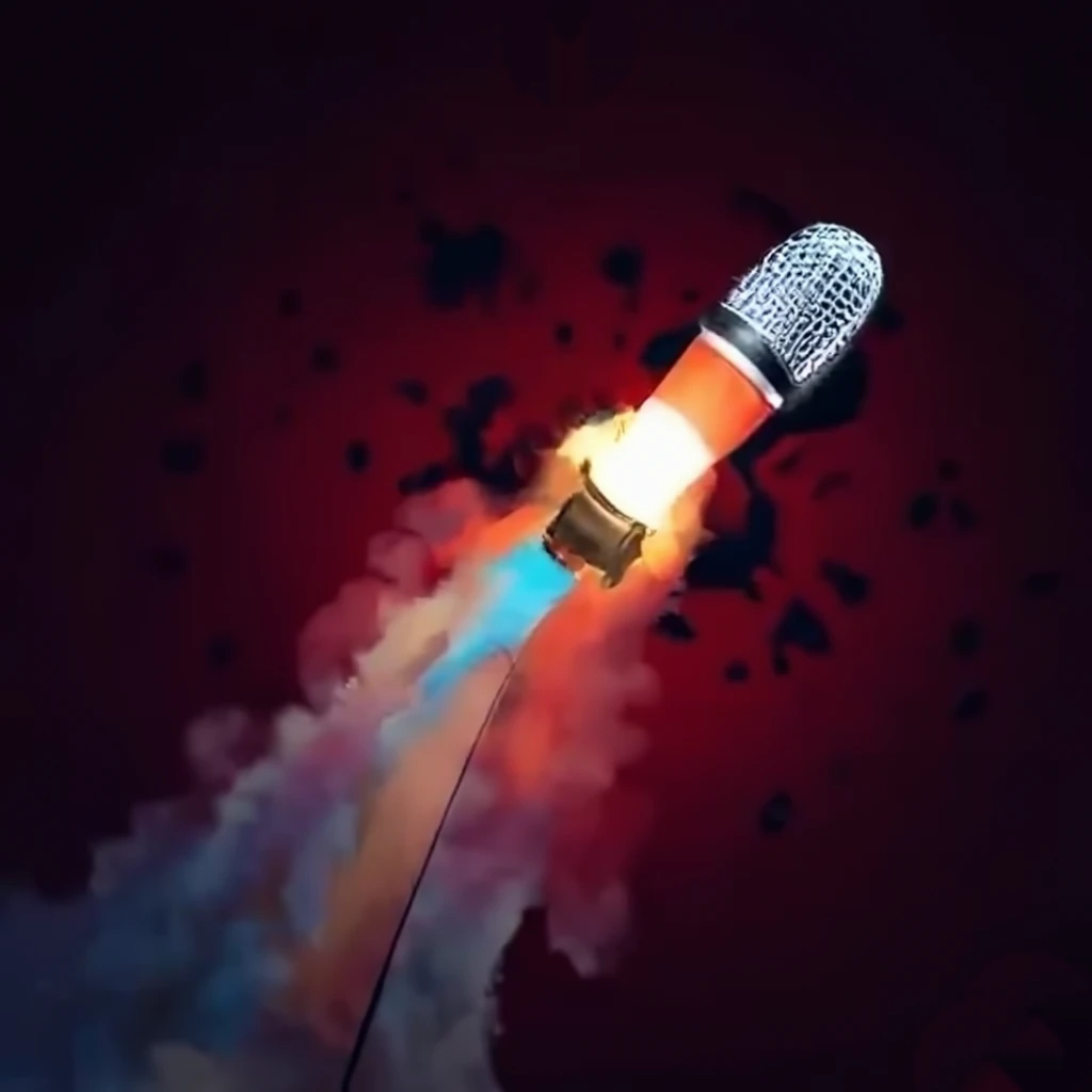 A rocket with a microphone and shiny colorful lights is ascending in the sky